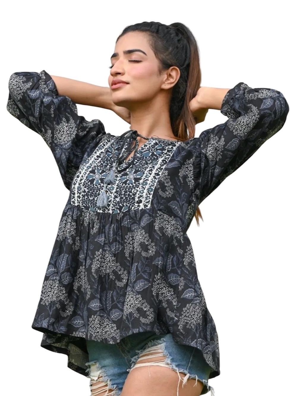 ba&sh Garry Printed Peasant Blouse Size Boho Floral Prairie Babydoll Size Large